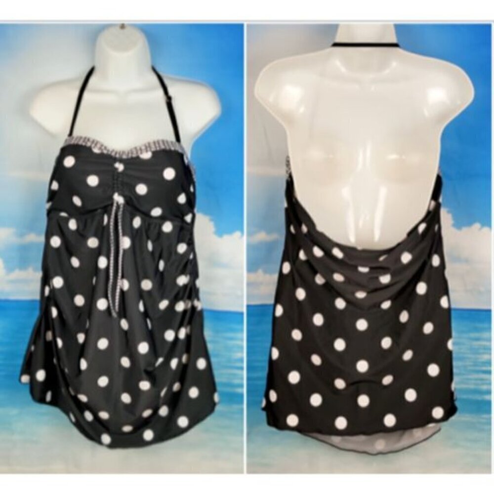 Woman's BLACK Polka Dot HALTER Swim Dress Bathing Suit TANKINI Top size Lg